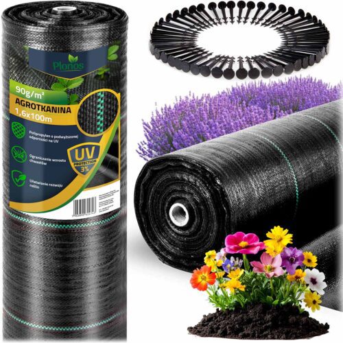 Sodo agrotekstilė 1,6 m x 100 m 90 g/m2 + 100 „Plonos“ smeigtukų - juoda