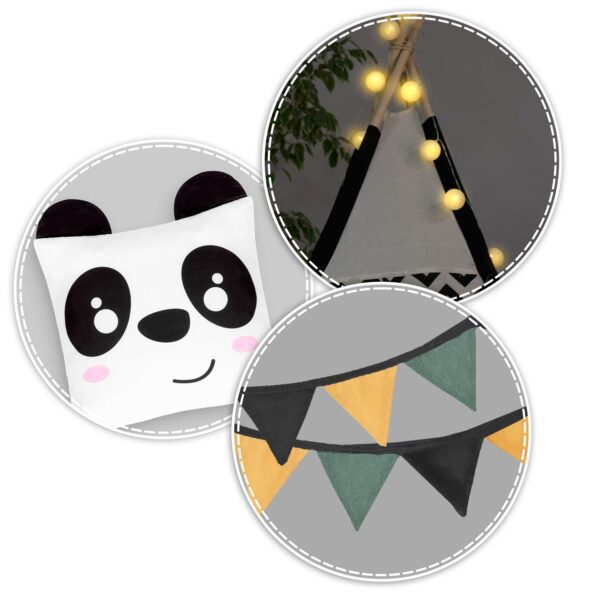 Vaikiška „Nukido“ tipo palapinė su girlianda ir švieselėmis, juodai balta spalva ir panda