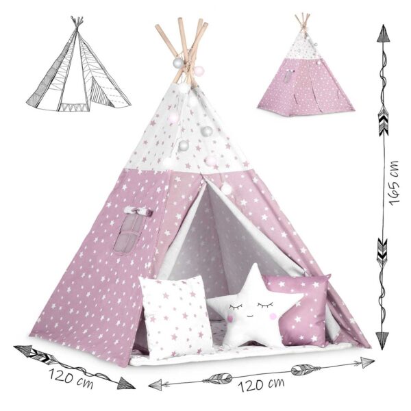 „Nukido Teepee“ palapinė su švieselėmis vaikams – rožinė su žvaigždutėmis
