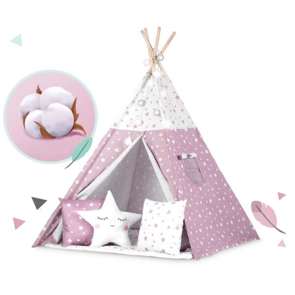 „Nukido Teepee“ palapinė su švieselėmis vaikams – rožinė su žvaigždutėmis