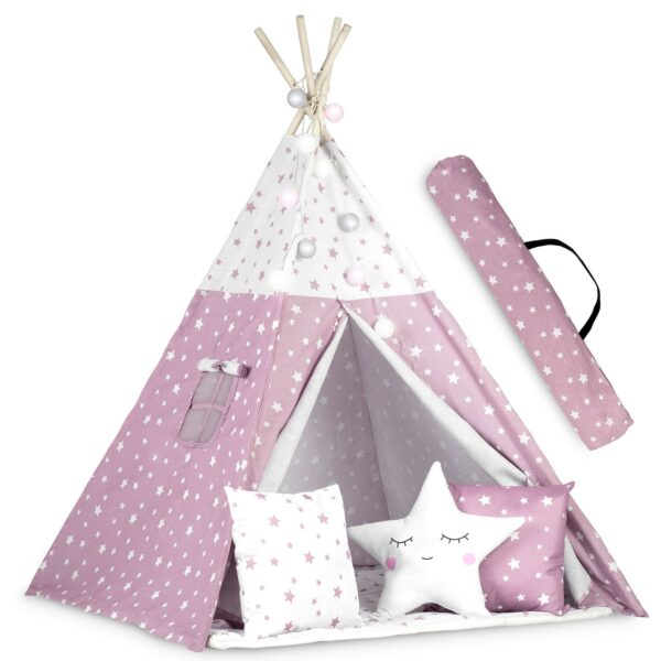 „Nukido Teepee“ palapinė su švieselėmis vaikams – rožinė su žvaigždutėmis