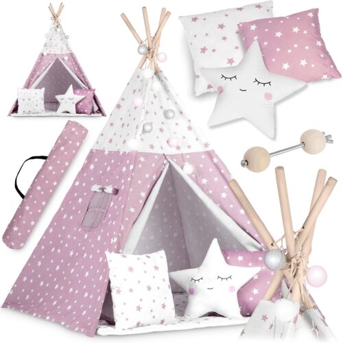 „Nukido Teepee“ palapinė su švieselėmis vaikams – rožinė su žvaigždutėmis
