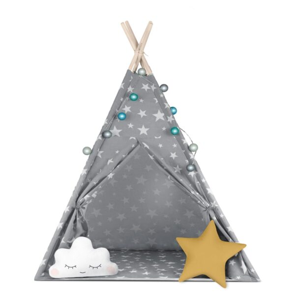 „Nukido“ vaikiška palapinė-tipi su švieselėmis – pilka su žvaigždėmis