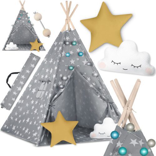 „Nukido“ vaikiška palapinė-tipi su švieselėmis – pilka su žvaigždėmis