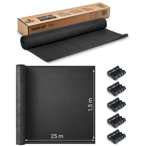 Tinklelis nuo šešėlių 1,5 x 25 m, 110 g/m² + 50 spaustukų, pilkas