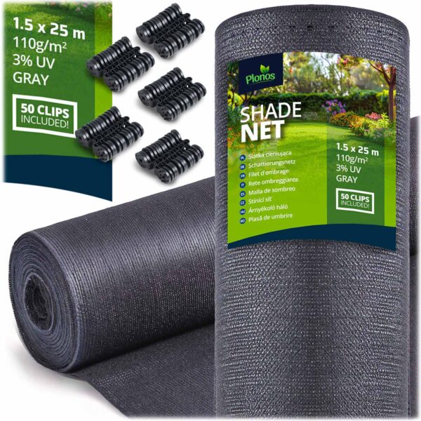 Tinklelis nuo šešėlių 1,5 x 25 m, 110 g/m² + 50 spaustukų, pilkas