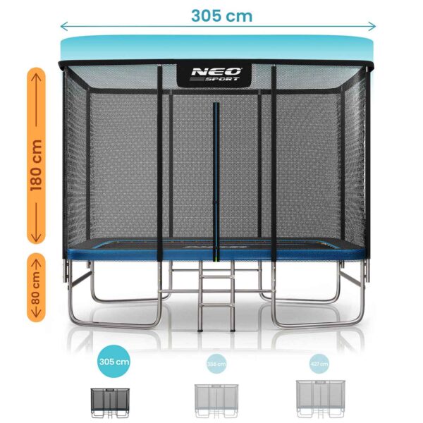 Stačiakampis sodo batutas 10x7ft / 305x213cm su lauko tinklu ir kopėčiomis Neo-Sport
